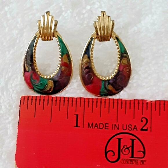 💫 Vintage Teardrop Swirl Earrings 💜 Gold Tone Multicolor Retro Hoop - Picture 10 of 12